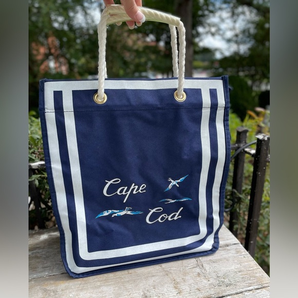 Vintage Navy Blue & white canvas bag large Tote CAPE COD - Picture 2 of 10